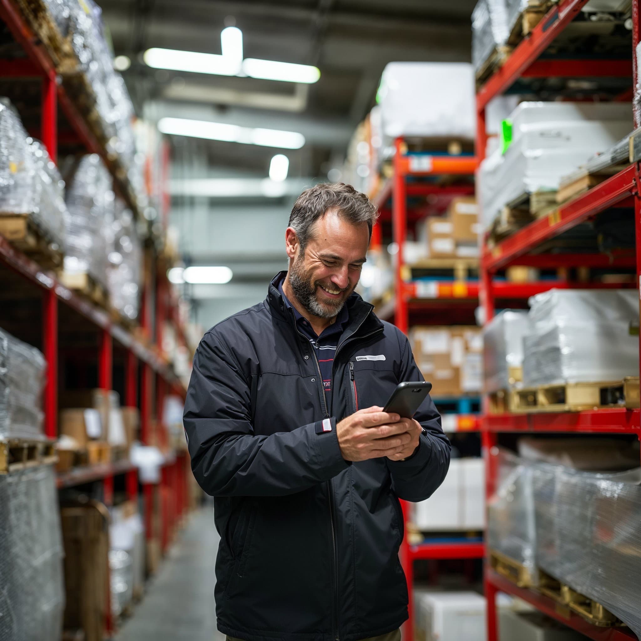Warehouse worker checking phone for job updates